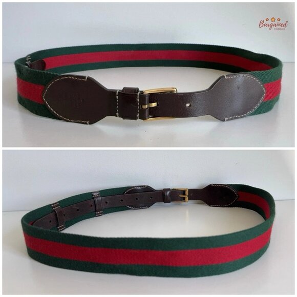 Auth Gucci Web Green/Red Canvas Brown Leather Gold Buckle Belt 90/36 - Picture 6 of 14